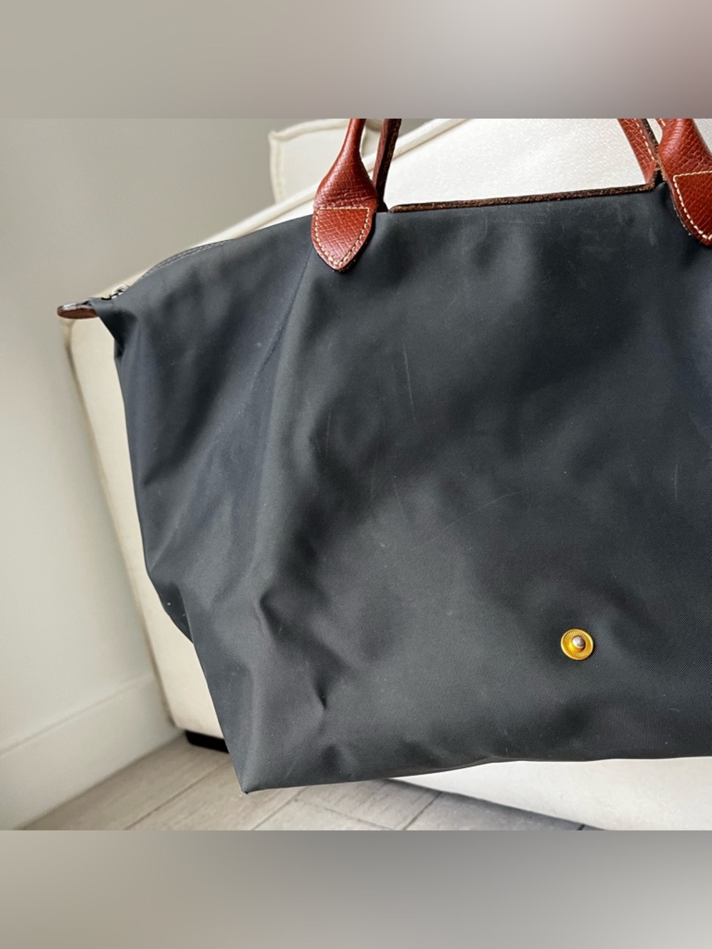 Longchamp Le Pliage "M" Top Handle Tote Handbag Gun Metal Gray Modele Depose - Picture 13 of 16